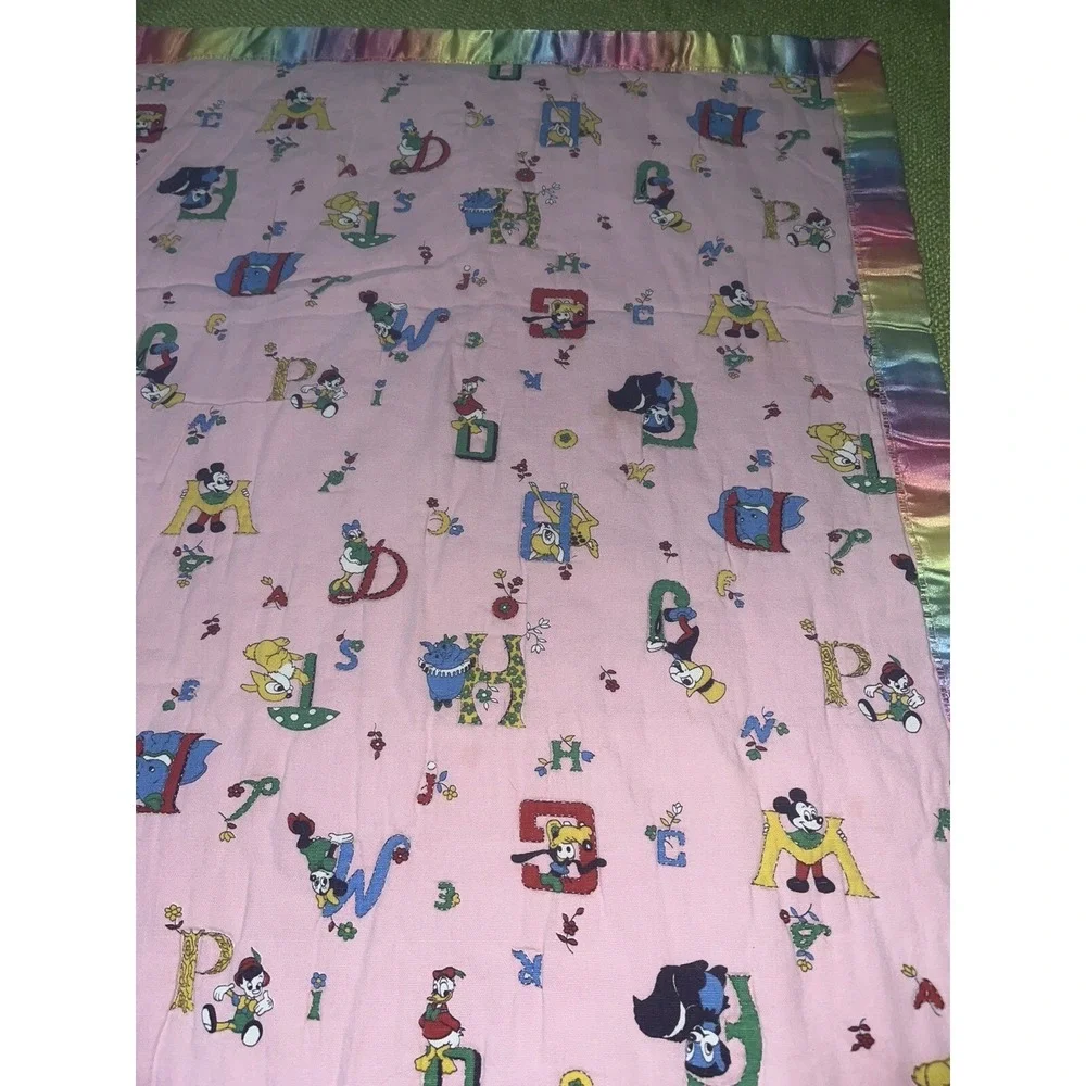 Handmade Baby Quilt , Vtg Disney ABC's Fabric , Pink , Satin Trim , Hand Stitch